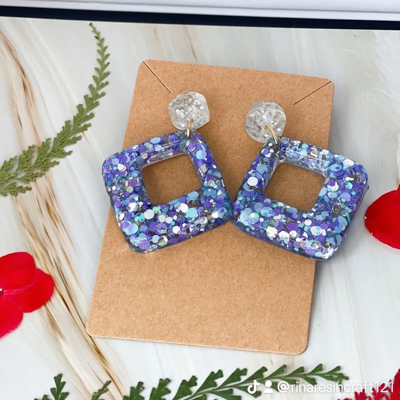 Purple Glitter Square Earrings - Picture 1 of 6
